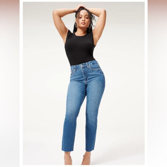 GOOD AMERICAN Good Classic Raw Hem Jeans Straight High Rise Blue940 Size 29 NEW - Picture 4 of 15